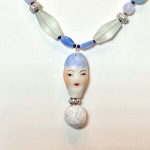 Porcelain Doll Face Beaded Blue and White Necklace